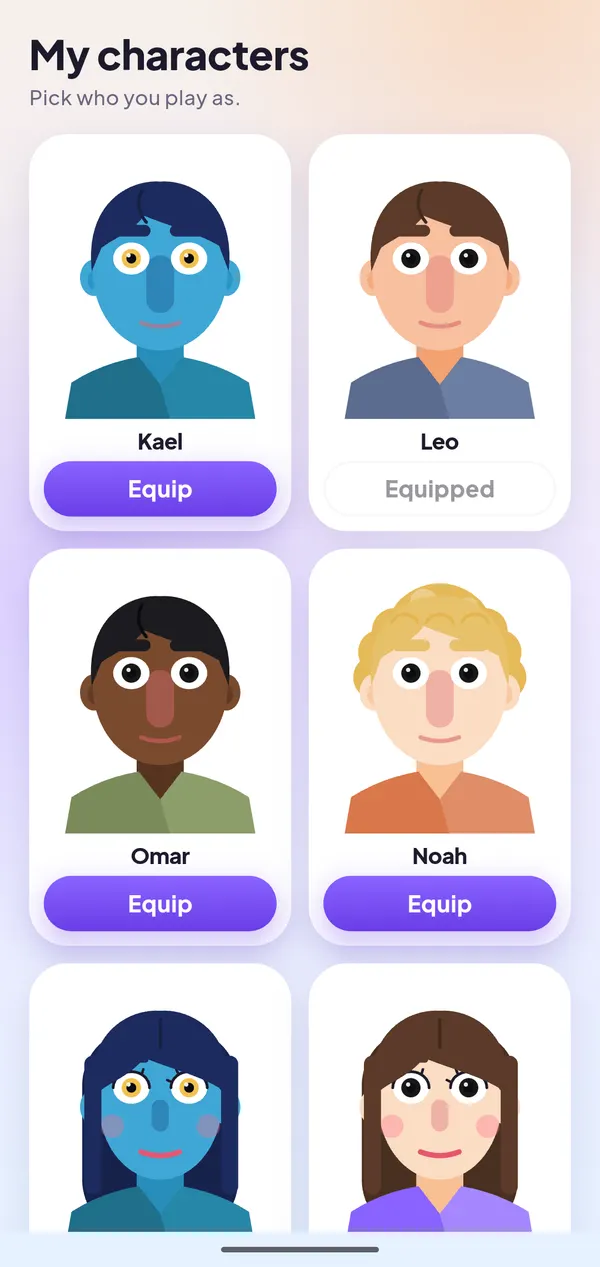 TaleSelf character picker with Kael, Leo, Omar and Noah