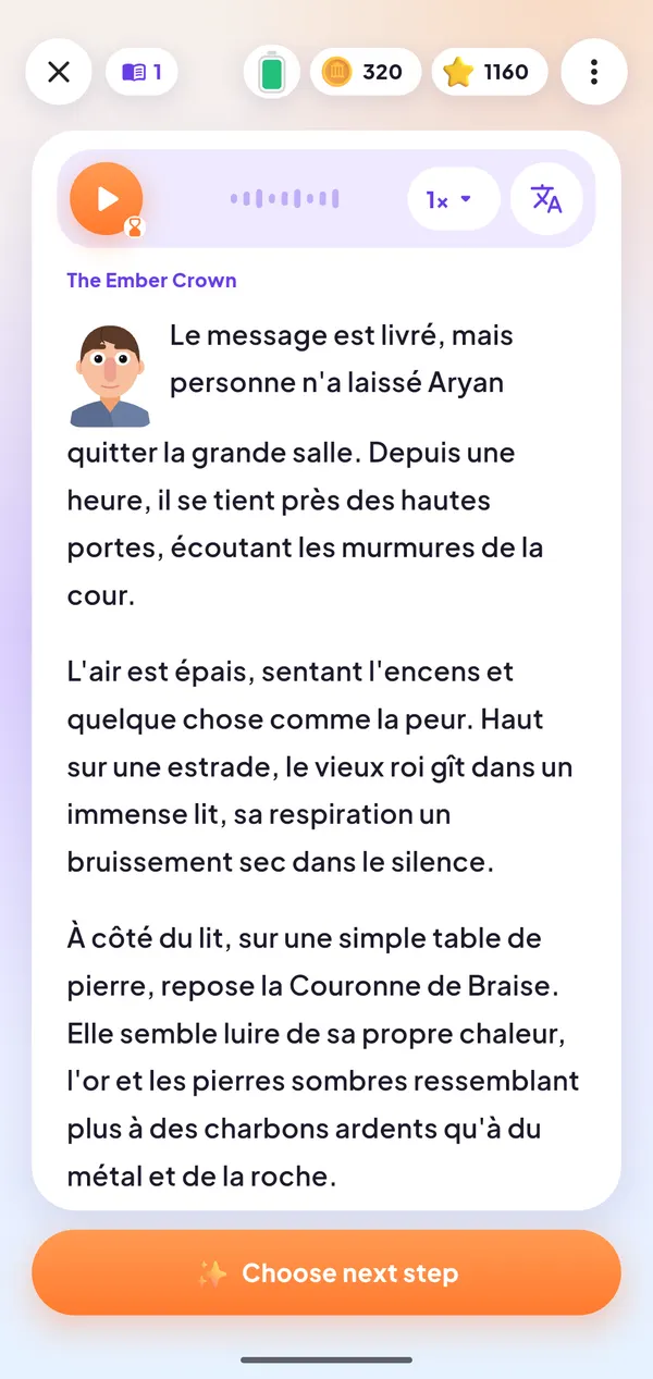 Reading a French chapter of The Ember Crown with the narrator character beside the text